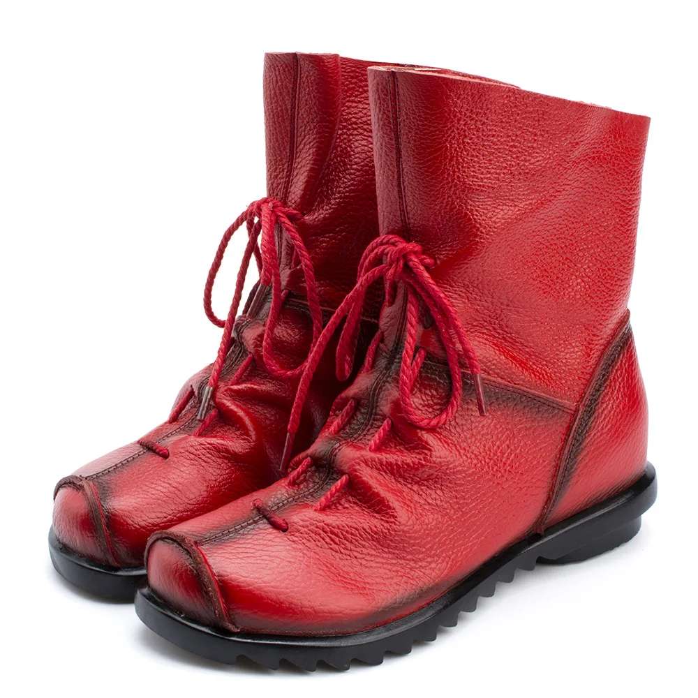 

Women Boots Flat Booties Soft Cowhide 2018 Vintage Style Genuine Leather Women's Shoes Front Zip Mid-calf Boots zapatos mujer
