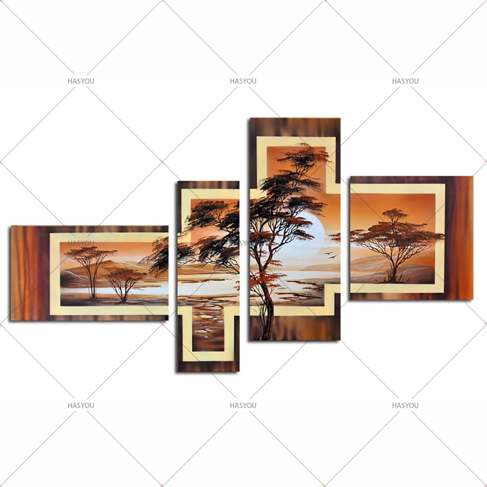 Абстрактная масляная живопись с деревом пейзаж 4 шт.|4 piece canvas art|canvas artoil painting |