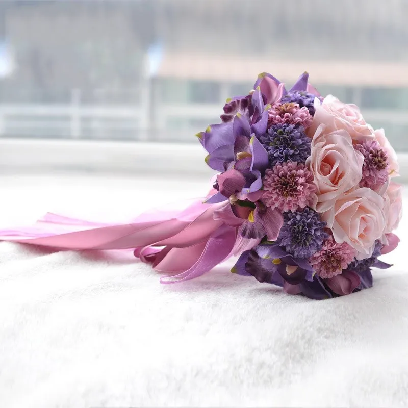 

2018 Hot Sale Lavender And Ivory Color Rose Daisy Wedding Bouquets Artificial Flower Bridal Bouquet With Silk And Organza Ribbon