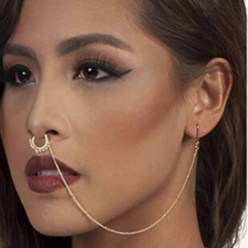

Stainless Steel Nose Rings and Studs Fake Septum Piercing Crystal Nose Hoop Fake Nose Rings&Studs Ear Chain Women Body Jewelry
