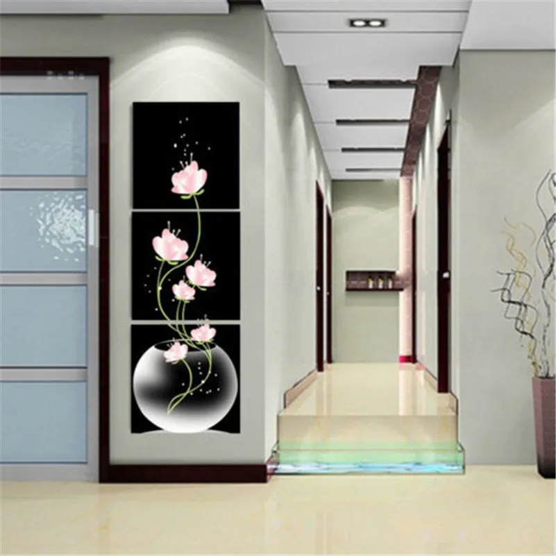 Лучший дизайн 3 панели без рамки ваза с цветком Холст Картина Настенная ремесло