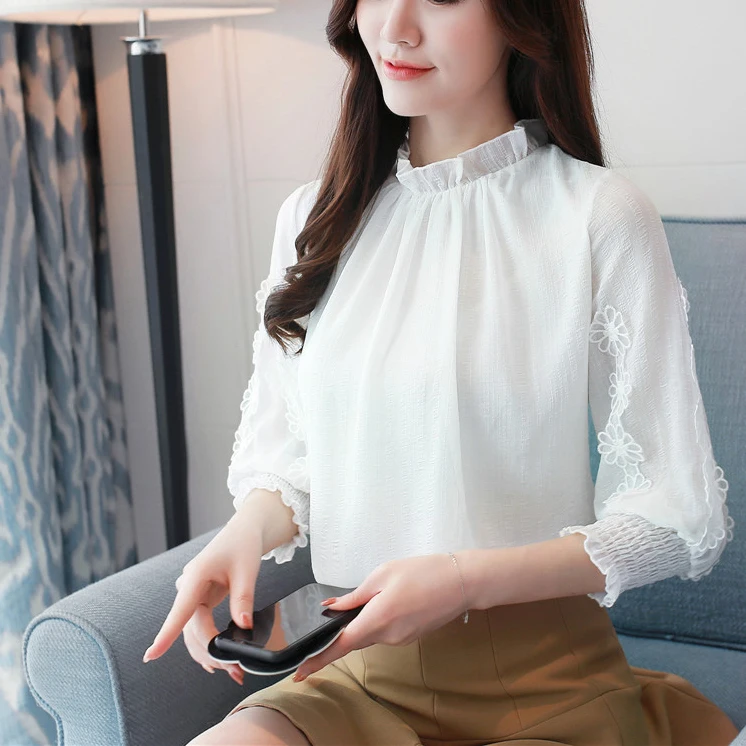 

womens tops and blouses plus size tops chiffon blouse Three Quarter Chiffon Solid O-Neck lantern Sleeve shirts 2928 50