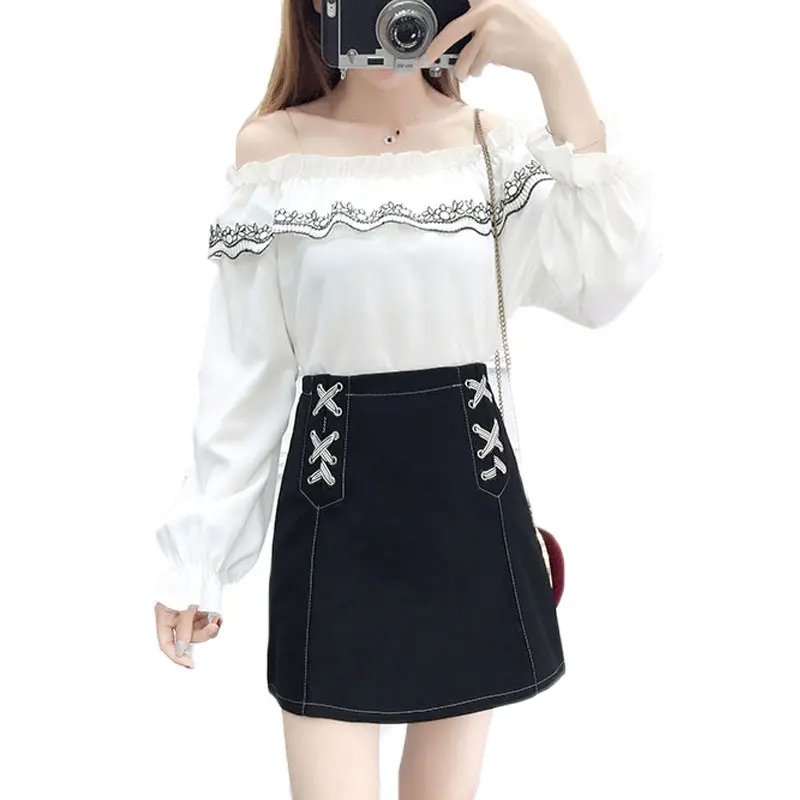 

new short skirt chiffon blouse suits a word skirt Korean fashion Two-piece long-sleeved top shirt vestido girl clothing set