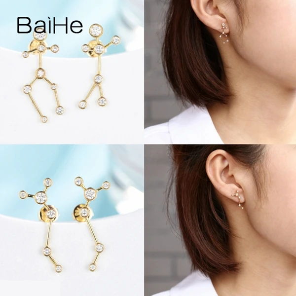 BAIHE Твердые 14 к желтое золото 0.30CT H/SI круглые натуральные бриллианты обручальные модные ювелирные изделия 12 созвездий серьги-гвоздики