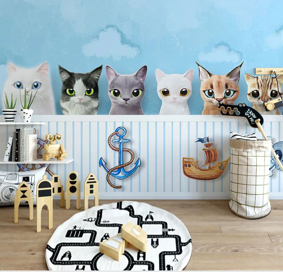 Blue Cloud Cute Cats Wallpaper Mural 3d Wall Photo Mural for Baby Child Room Sofa Background 3d Animal Wall paper Murals