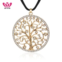 crystal tree of life big round pendant necklace for women gold multi layers leather chain necklace fashion jewelry girl gift