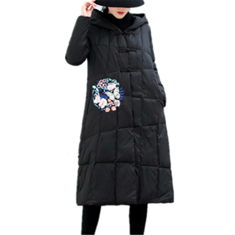Women Down Jacket Embroidery Chinese Style Long Fashion Winter New Hooded Women Coat Thick Warm Females High Quality T334