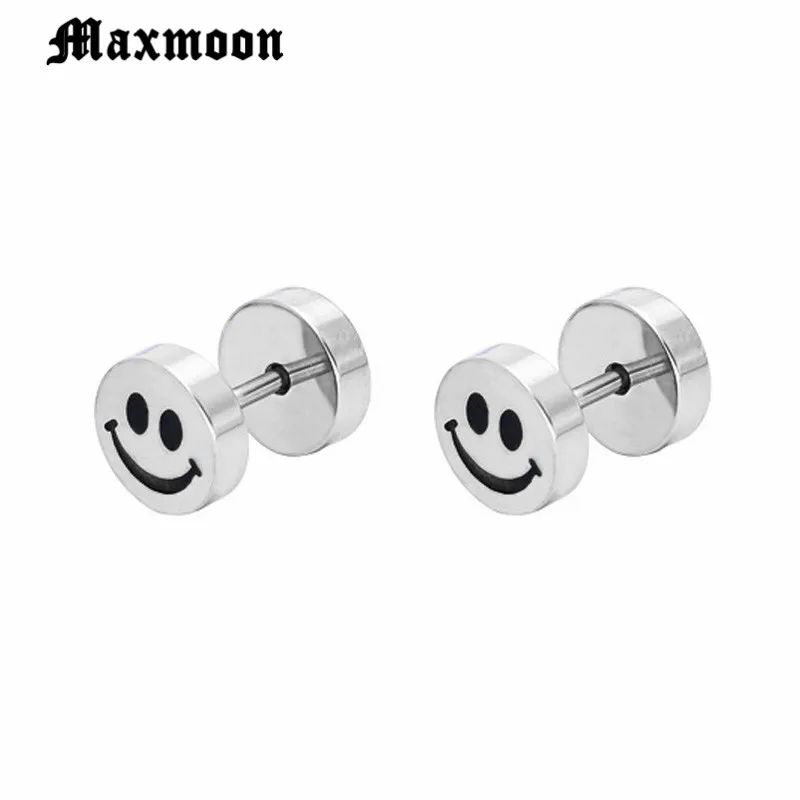 Maxmoon Smile face White Black titanium steel Punk Men Screw Back (pierced) stud earrings No fade | Украшения и аксессуары
