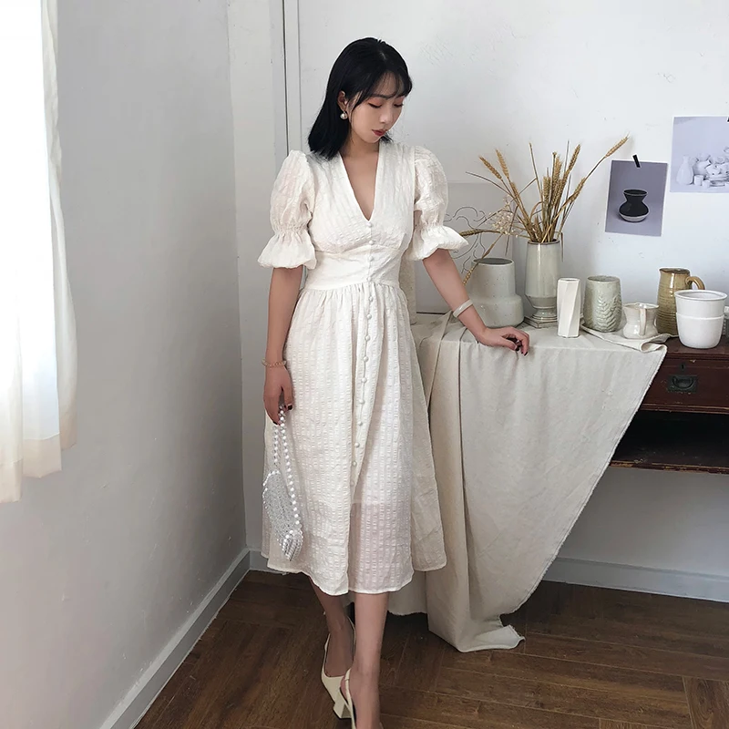 Dream Trend 2018 New Summer Dress High Waist Women Big v-neck Vintage Linen Elegant White Half-sleeve Sun Dresses | Женская одежда