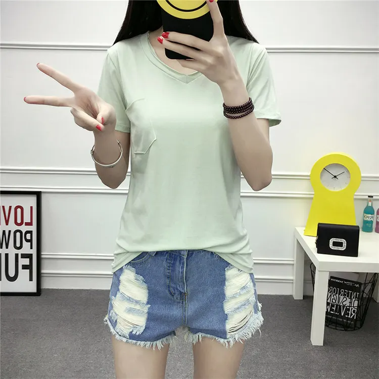 Женская футболка с v-образным вырезом Однотонная логотипом на заказ и карманом