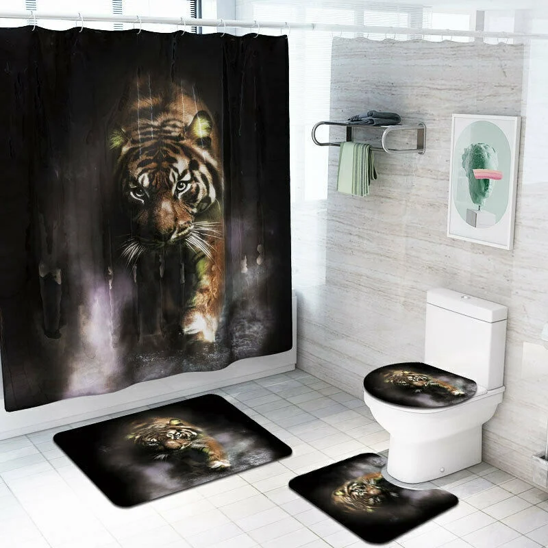 Tiger Комплект из 4 предметов, нескользящая стойка для тряпок+ крышка для унитаза+ коврик для ванной+ занавеска для душа - Цвет: Tiger