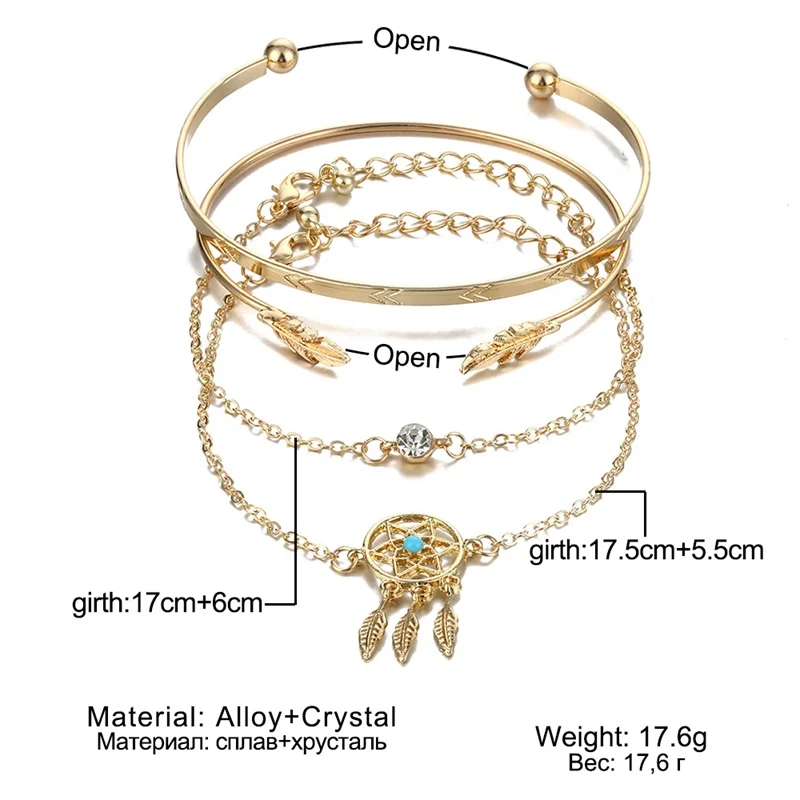 4 шт./компл. винтажные браслеты в стиле Ловец снов Открытые цепочки бохо с