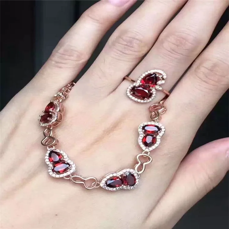 

KJJEAXCMY boutique jewels 925 Pure silver inlaid with natural pomegranate stone women's bracelet ring earrings 2 pieces of jewel