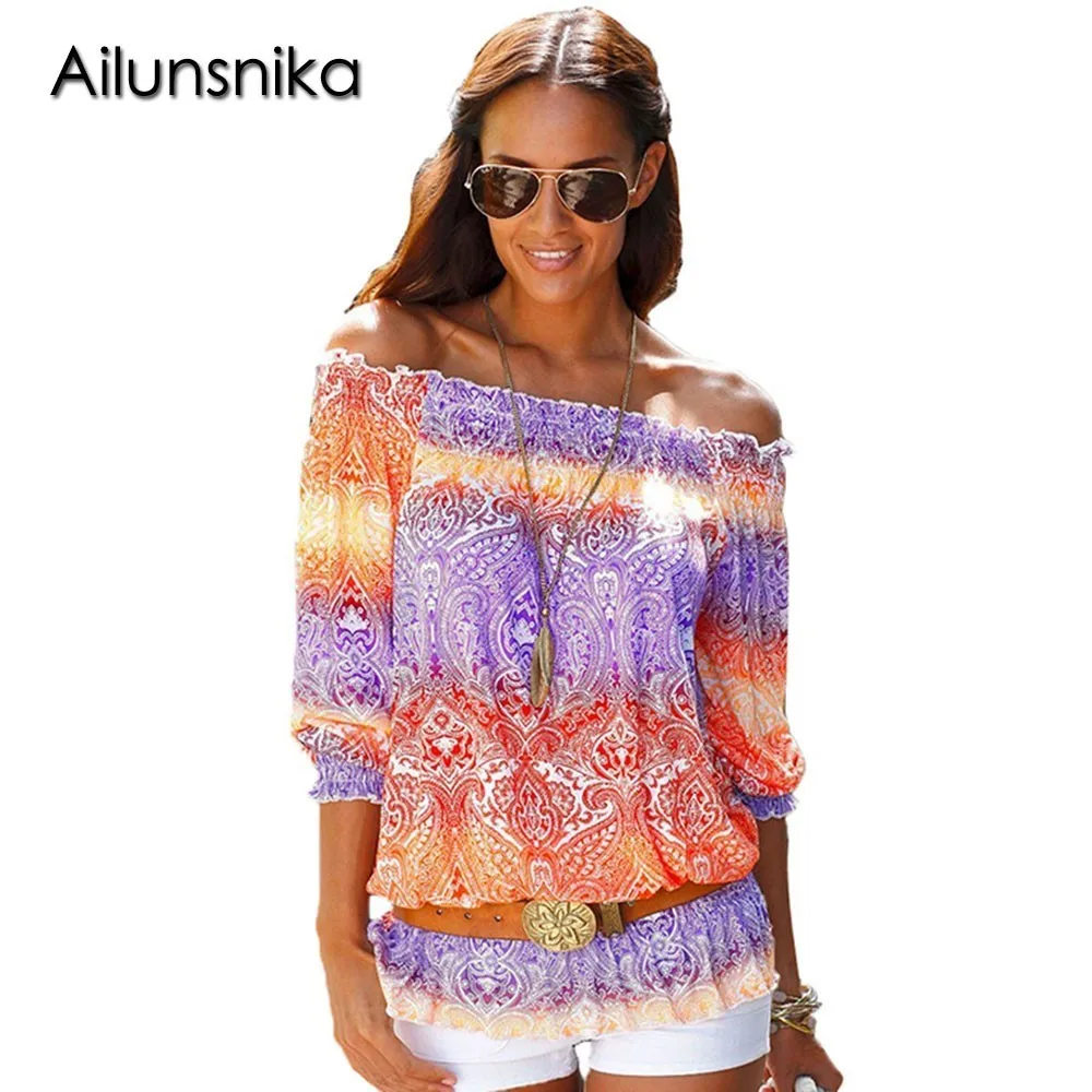 Ailunsnika Bohemian Floral Print Off Shoulder Half Sleeve Vintage Shirts For Women Sexy Beach Ethnic Blouse Casual Tops DL251341 |