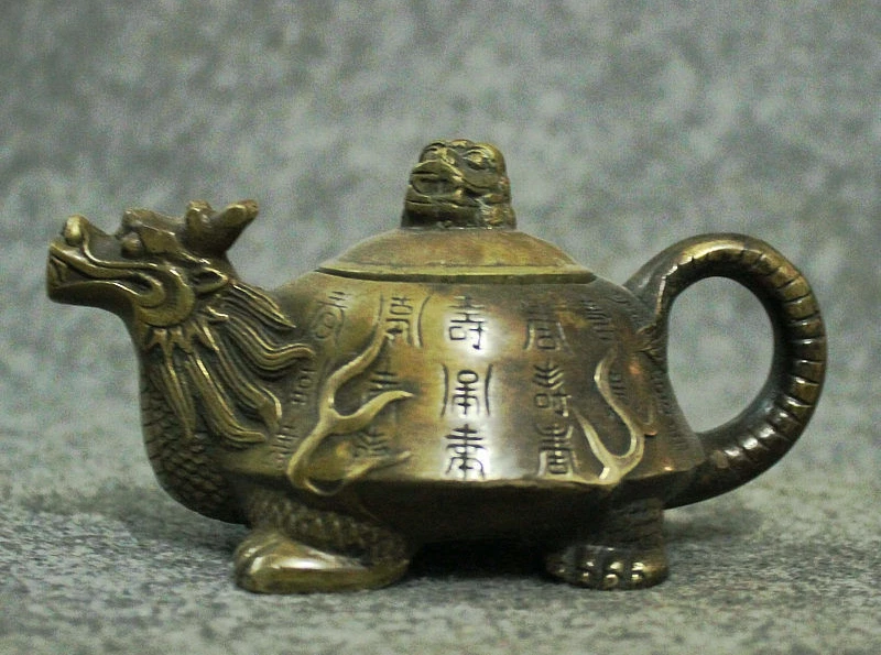 Фото FengShui Китай Бронзовая медная 100 Shou голова черепахи дракона Статуя чайник с винным