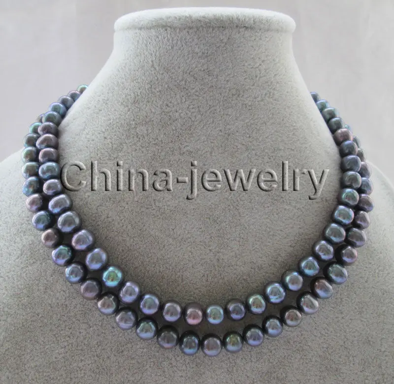HOT## Wholesale Beautiful 17-18&quot 2row 8-9mm black round freshwater pearl necklace - 14k GP clasp | Украшения и аксессуары