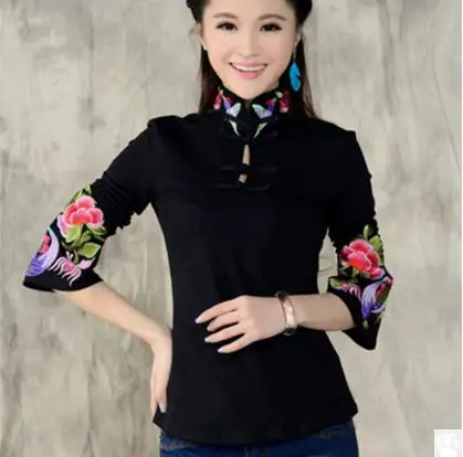 Женская футболка в китайском стиле с воротником стойкой и вышивкой|womens shirt tops|printed