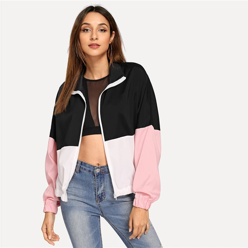 SHEIN Многоцветный эластичный подол цветной блок ветровка куртка для женщин лето осень с длинным рукавом спортивная уличная верхняя одежда пальто