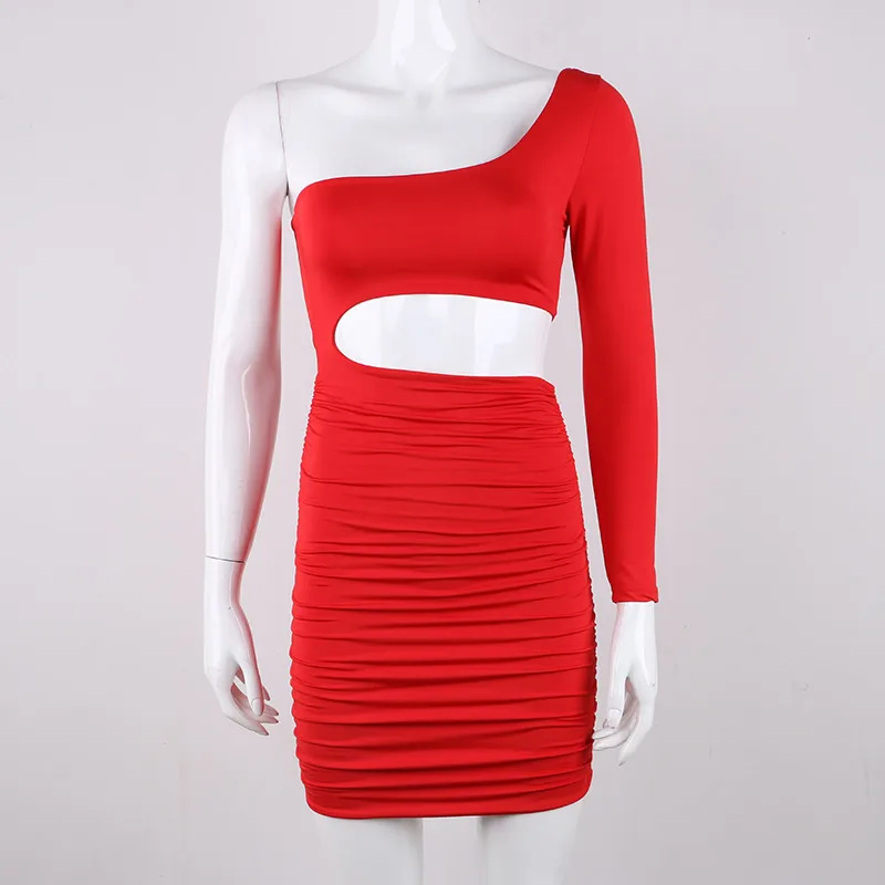 Forefair Long Sleeve One Shoulder Bodycon Dress Nightclub Autumn Winter Women Slim Backless Mini Sexy Party Dress