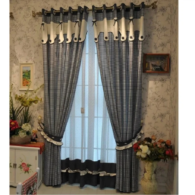 

Free shipping Elegant Cowboy plaid shading cloth & dot yarn tulle kitchen curtains French Window living room bedroom customized