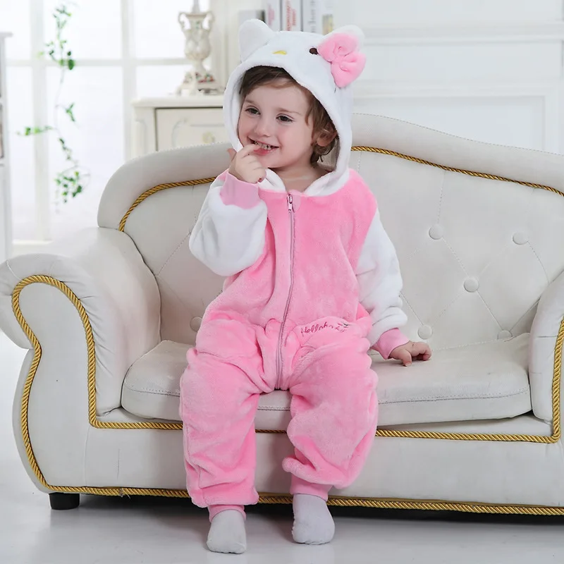 Одежда для маленьких девочек; комбинезон с кошечкой Китти; Kawaii; милый комбинезон; детская зимняя теплая Пижама; фланелевый комбинезон для новорожденных; костюм для малышей; Kigurumis