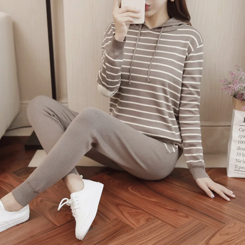 

spring and autumn new stripe hoody sweater knitting haroun pants two-piece clothing set women casual outfit stripe print