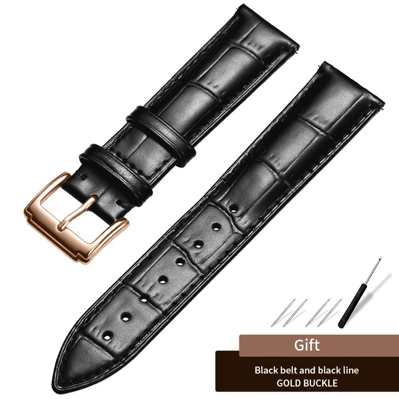 Rose-Black Carouse Watchband Black Real Leather Strap 14mm 16mm 18mm 19mm 20mm 21mm 22mm Watch Band Bracelet Metal Pin Buckle wristband - Цвет ремешка: Rose-Black