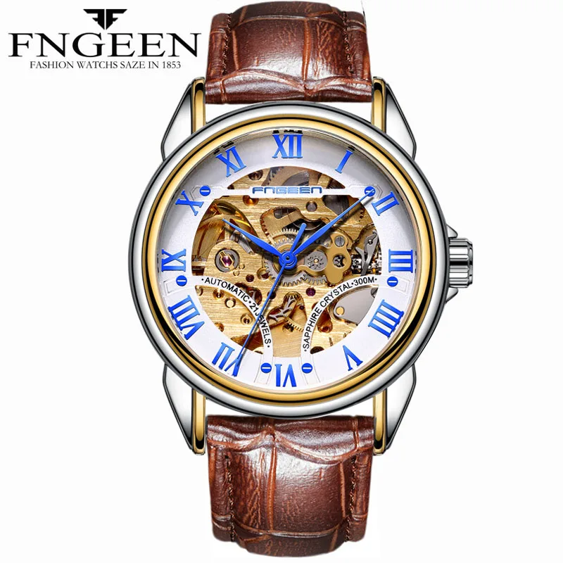 Leather Twotone Blue Золотые часы для мужчин, Лидирующий бренд, высокое качество, водонепроницаемые стальные механические наручные часы, Tourbillon, скелет, Hodinky, мужские часы, Saat - Цвет: Leather Twotone Blue