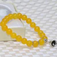 women bracelet silver color bell natural yellow jades elastic chalcedony stone 8mm round beads fashion jewelry 7 5inch b2012