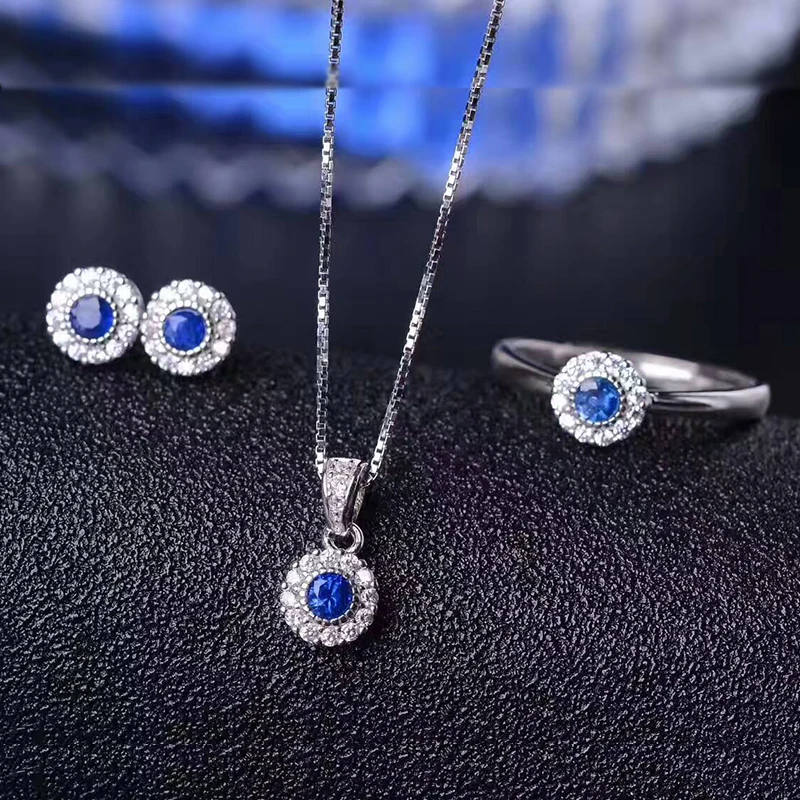 

Fashion natural gemstone jewelry set for party 3mm diameter natural Sri Lank Sapphire ring earrings pendant solid silver jewelry