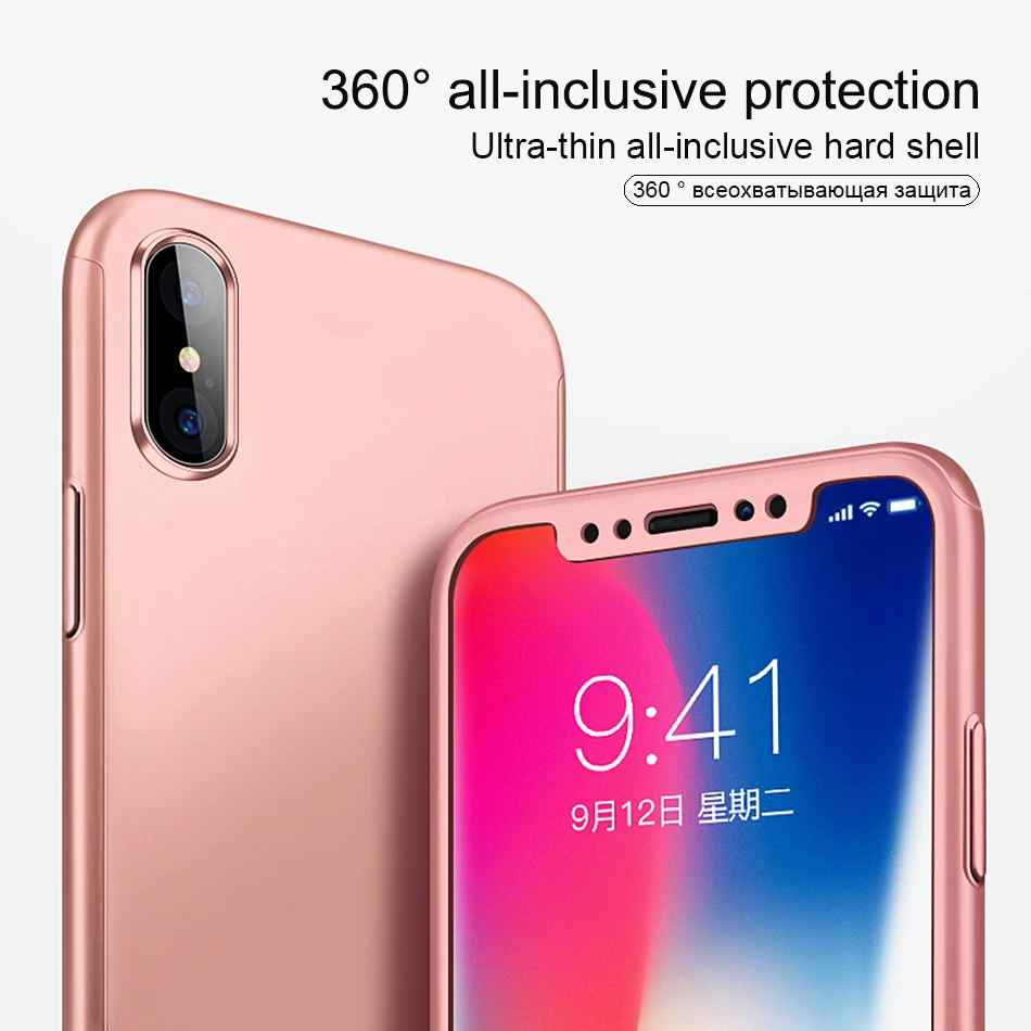 Proelio 360 Full Cover Phone Case For iPhone X 8 7 6 6s Plus PC Protective Cases With Glass |
