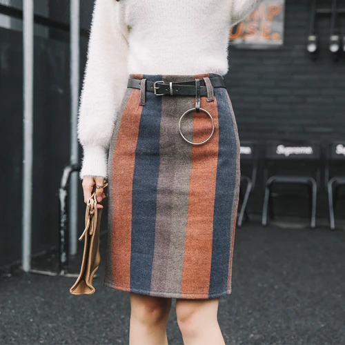 Wnter Skirt Women 2017 England Style Vintage Colorful Striped Slim High Waist Pencil Free Belt faldas mujer B198 | Женская одежда