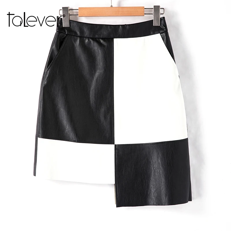 Женские черная кожаная юбка женские повседневные пэчворк с высокой талией Midi PU