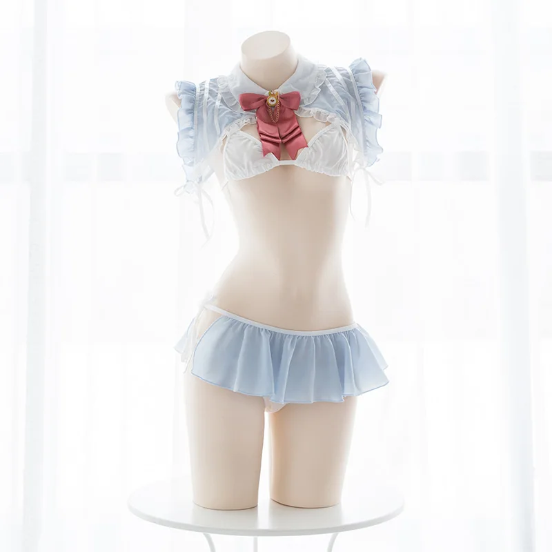 Kawaii, голубое и белое японское милое нижнее белье, сексуальное нижнее белье, костюмы, бикини, бюстгальтер и нижнее белье с кроличьими ушками, Униформа горничной Банни