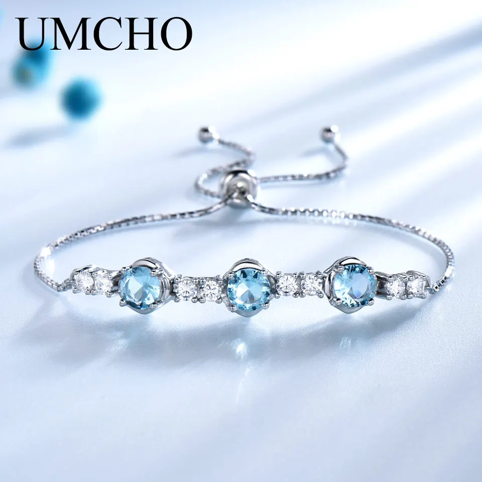 Женские браслеты UMCHO из серебра 925 пробы с натуральным небесно голубым топазом