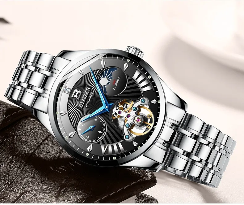 Tourbillon Бингер Мужские часы Роскошные деловые механические часы Мужские автоматические модные водонепроницаемые сапфировые спортивные часы с скелетом