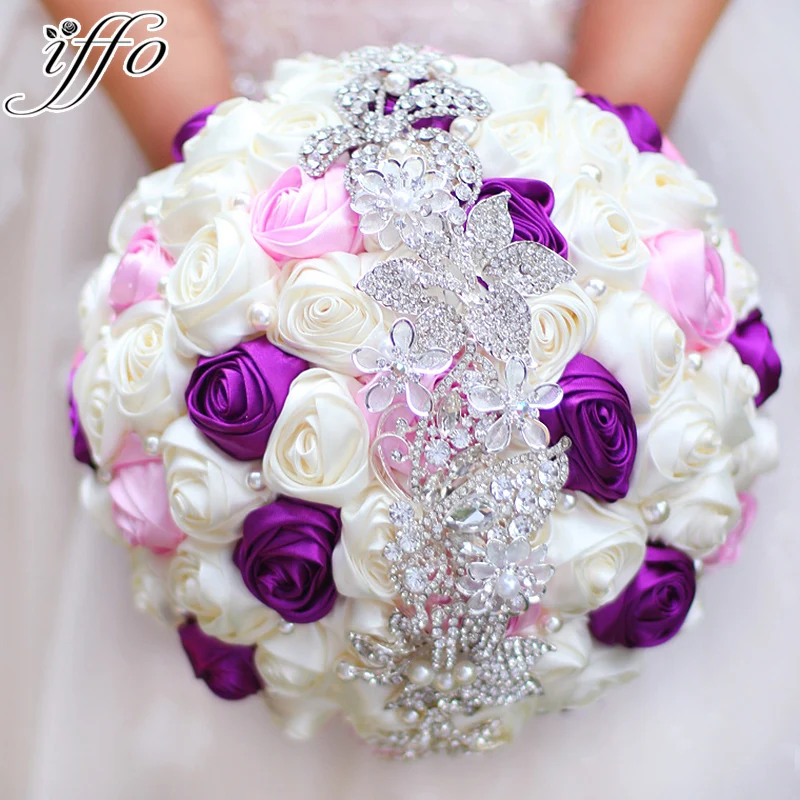 

Free shipping Bride holding flowers, New arrival Romantic Wedding Colorful Rose Bride 's Bouquet,purple pink bridal bouquets