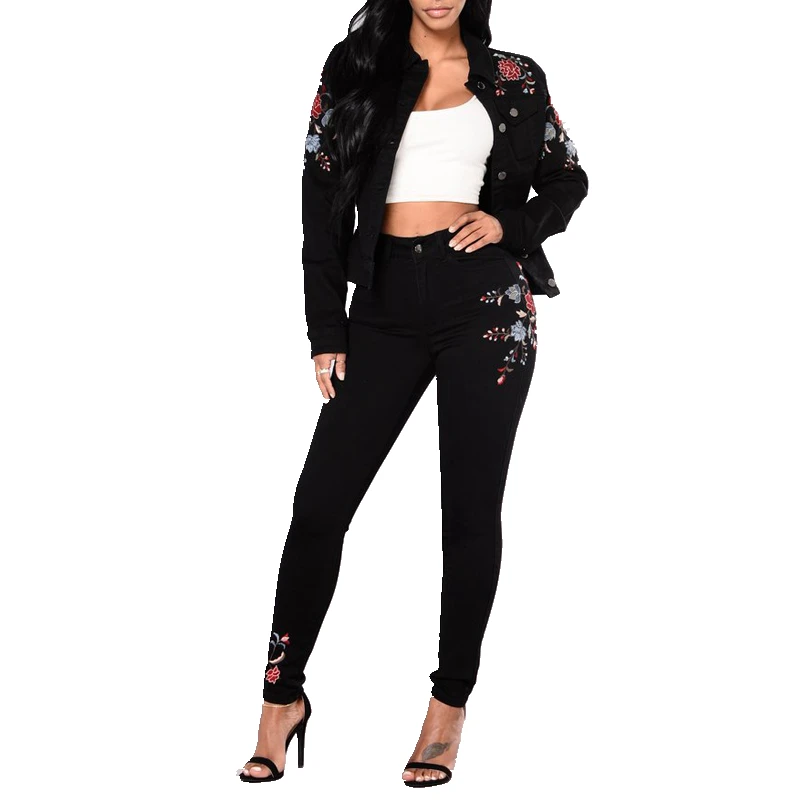 Новинка 2018 женские черные узкие джинсы с цветочной вышивкой брюки высокой талией