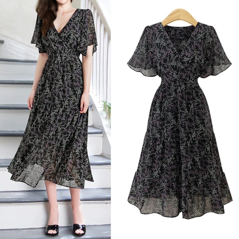 Летнее Модное шифоновое платье с v-образным вырезом и принтом | Женская одежда