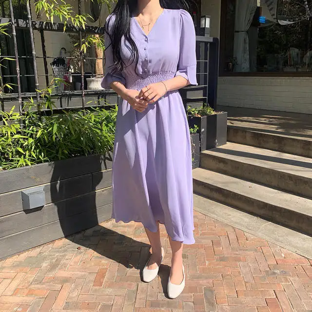 GRUIICEEN elastic waist V-neck women summer dress single breasted solid color ladies dresses 2019 new arrival GY2018712 | Женская одежда