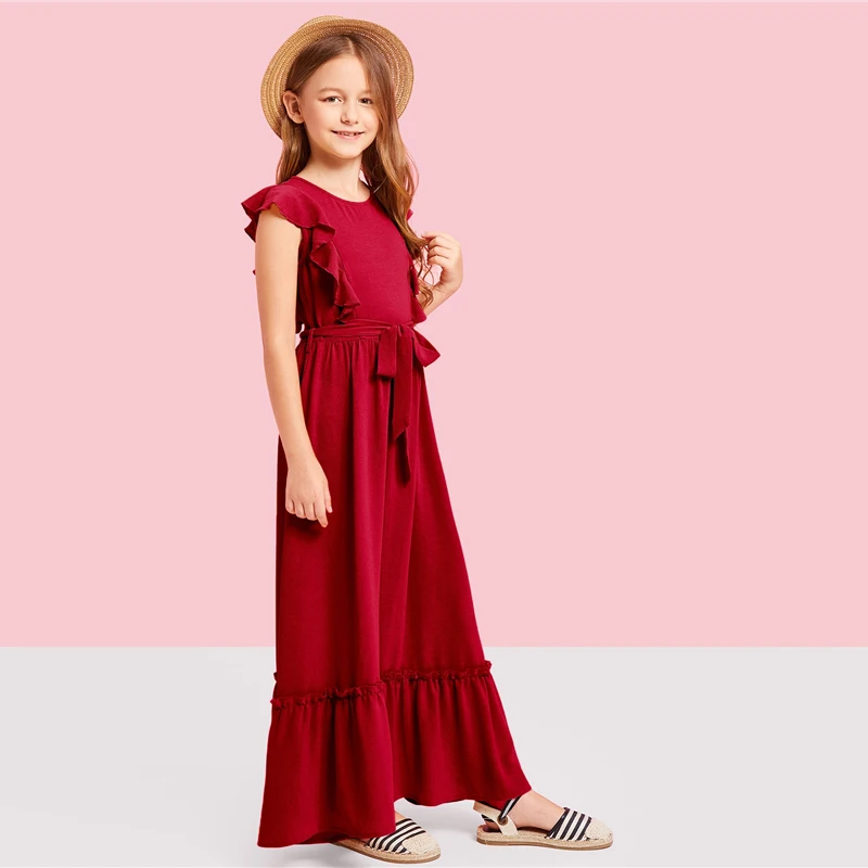 SHEIN Kiddie/Бордовое платье на молнии с рюшами сзади для девочек-подростков; вечерние платья макси для девочек; коллекция года; сезон лето; зеленое платье трапециевидной формы без рукавов для девочек