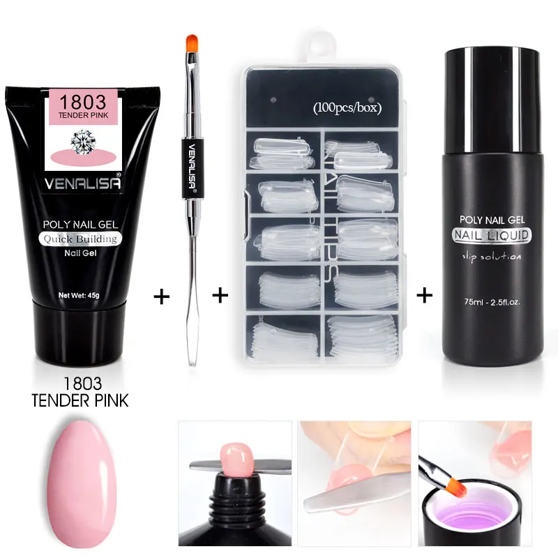 4PCS complete kit Venalisa, 45 г, удлиняющий гель, двойная Кисть для ногтей, инструмент для ногтей, накладные кончики, толстый гель jell, раствор для выскальзывания, жидкость, полигель для ногтей, набор - Цвет: 4PCS complete kit