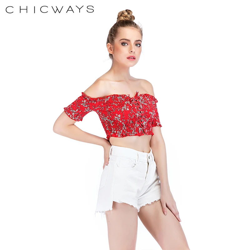 Chicways/топ на бретелях с открытыми плечами цветочным принтом Красные Короткие топы