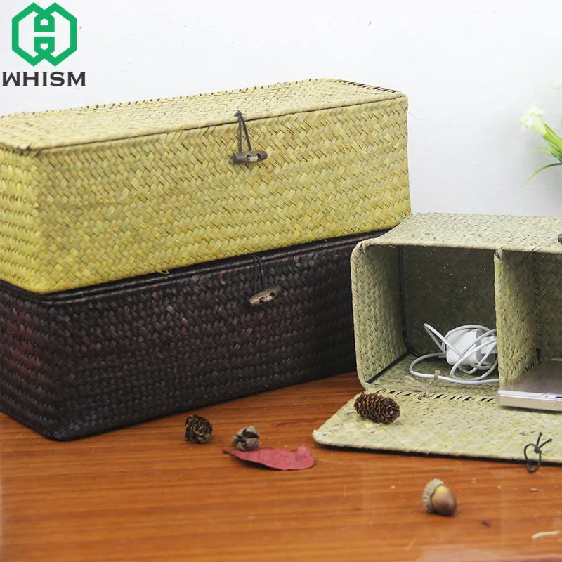 WHISM 3 Compartment Storage Box Wicker Rattan Basket With Cover Sundries Holder Case Container Jewelry Makeup Desktop Organizer