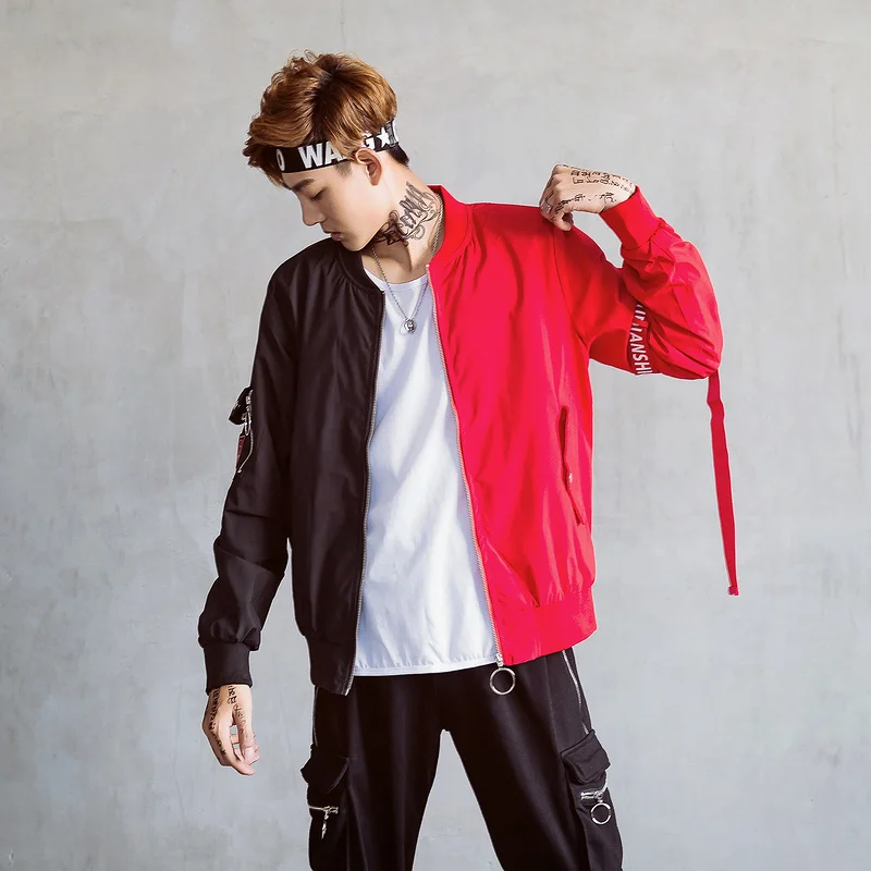 2018 Autumn Korean High Street Brand Men Bomber Jacket Detachable Red Black Green Patchwork Zipper Outwear Youth Student Coat | Мужская