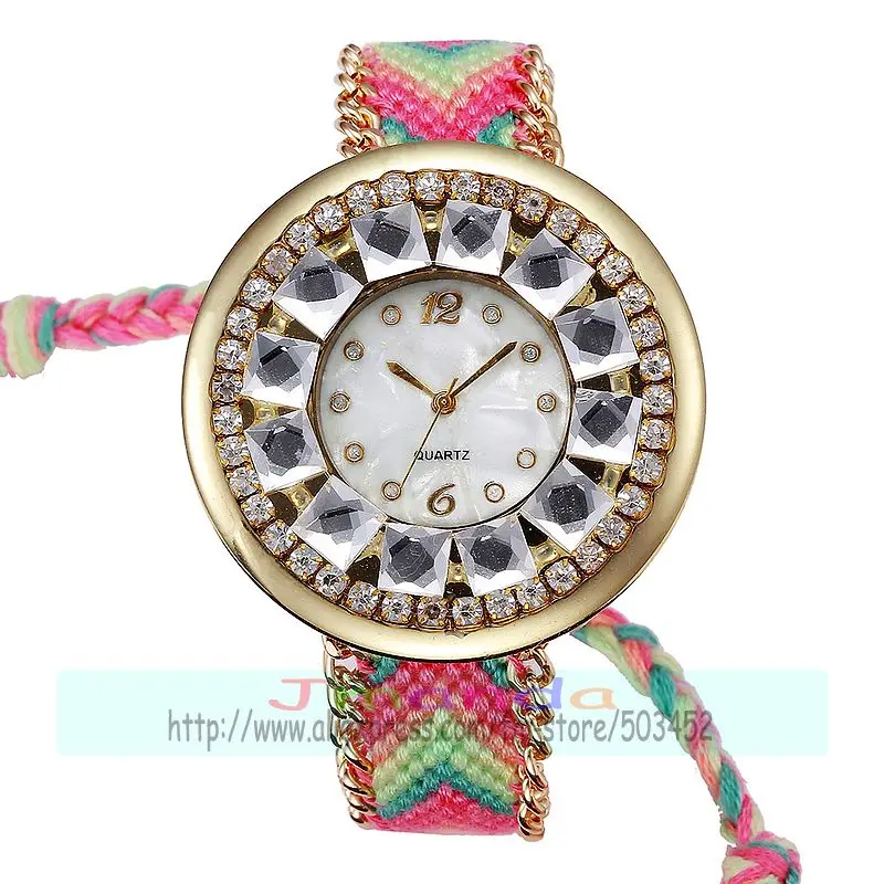 100 шт./лот плетеные часы с большим кристаллом Радужный ремешок модные уникальный