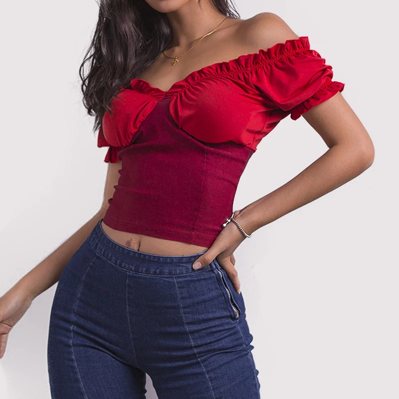 Summer Slim elegant shirt women 2019 short-sleeved Puff Sleeve V-neck umbilical blouse Womens female top |