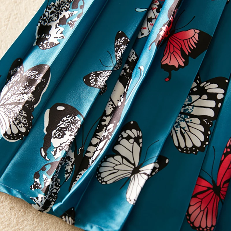 New Arrival Pretty Print Pleated Dress For Women Three Quarter Sleeve O_neck Bow Cute Blue | Женская одежда