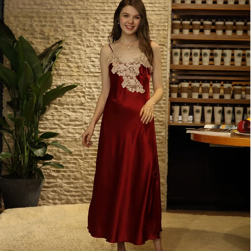 

Satin Silk Dress Summer nightdress Mid Calf Long Dressing Gown for Women Sexy Lace Nightgown Silk like Sleepwear Casual homewear