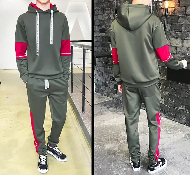 

Rlyaeiz 2 Piece Set Men Casual Sporting Suits 2017 Autumn Mens Tracksuits Patchwork Sleeve Hooded Hoodies + Pants Sportswear 5XL